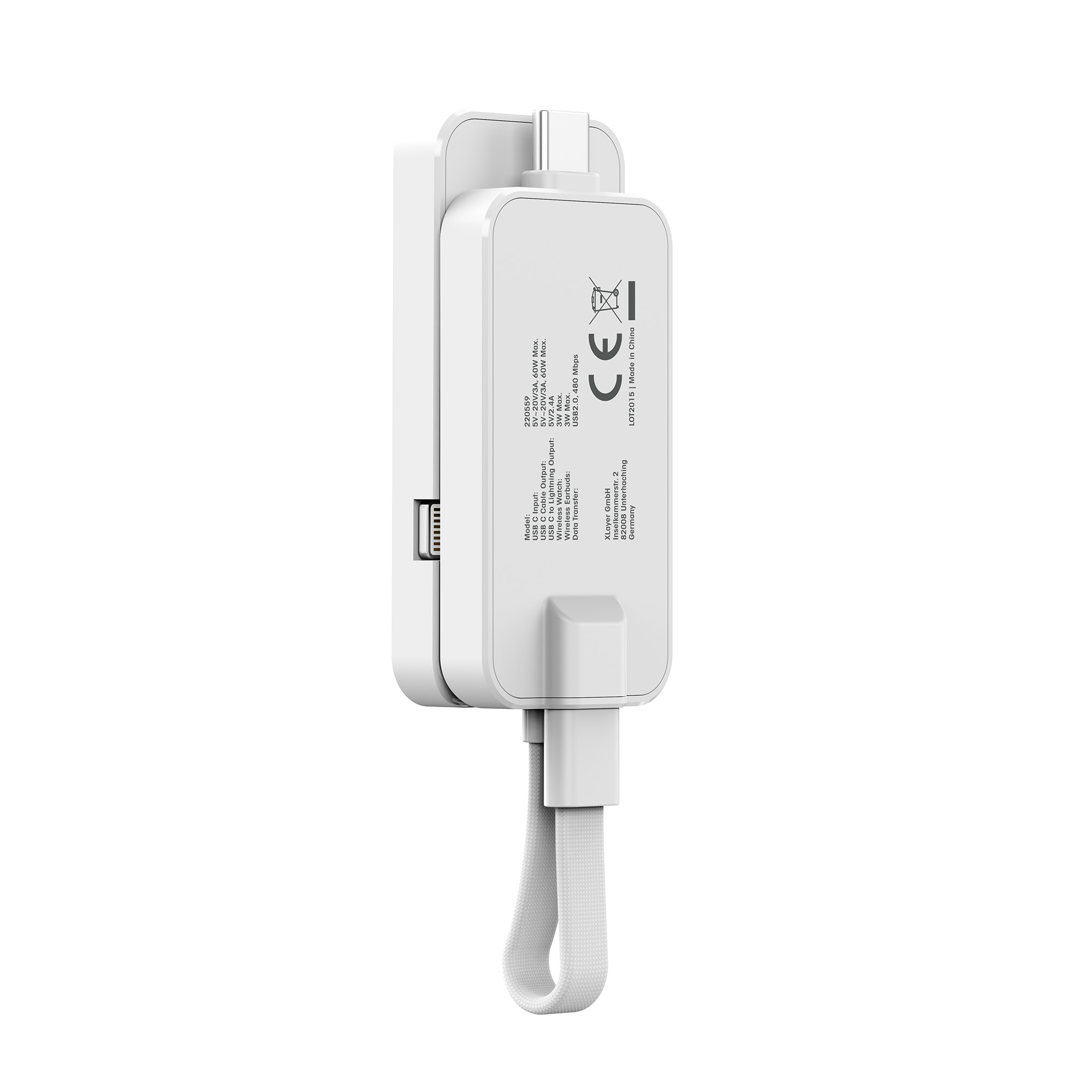 Ein weißes USB-Ladegerät mit Riemen. Die Rückseite hat Produktinformationen.