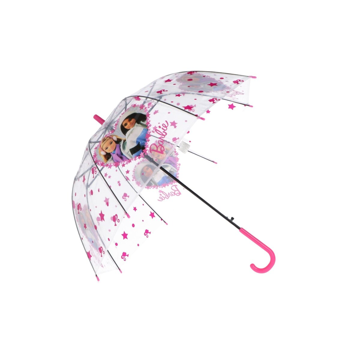 Ein durchsichtiger Regenschirm mit rosa Sternen und einem Barbie-Bild. Der Griff ist rosa.