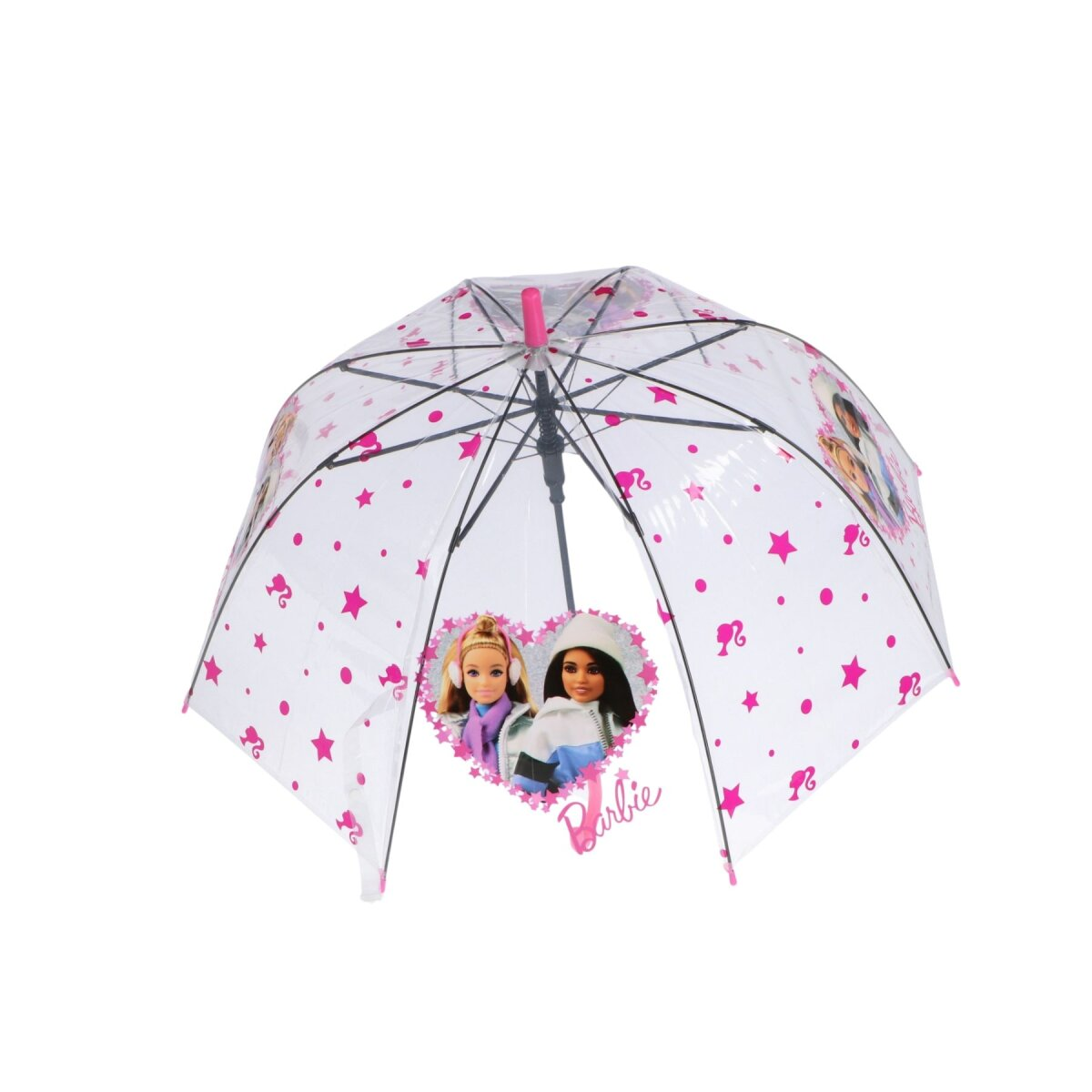 Barbie-Regenschirm mit rosa Sternen, Herzen und Bildern von Puppen. Weißer Hintergrund.