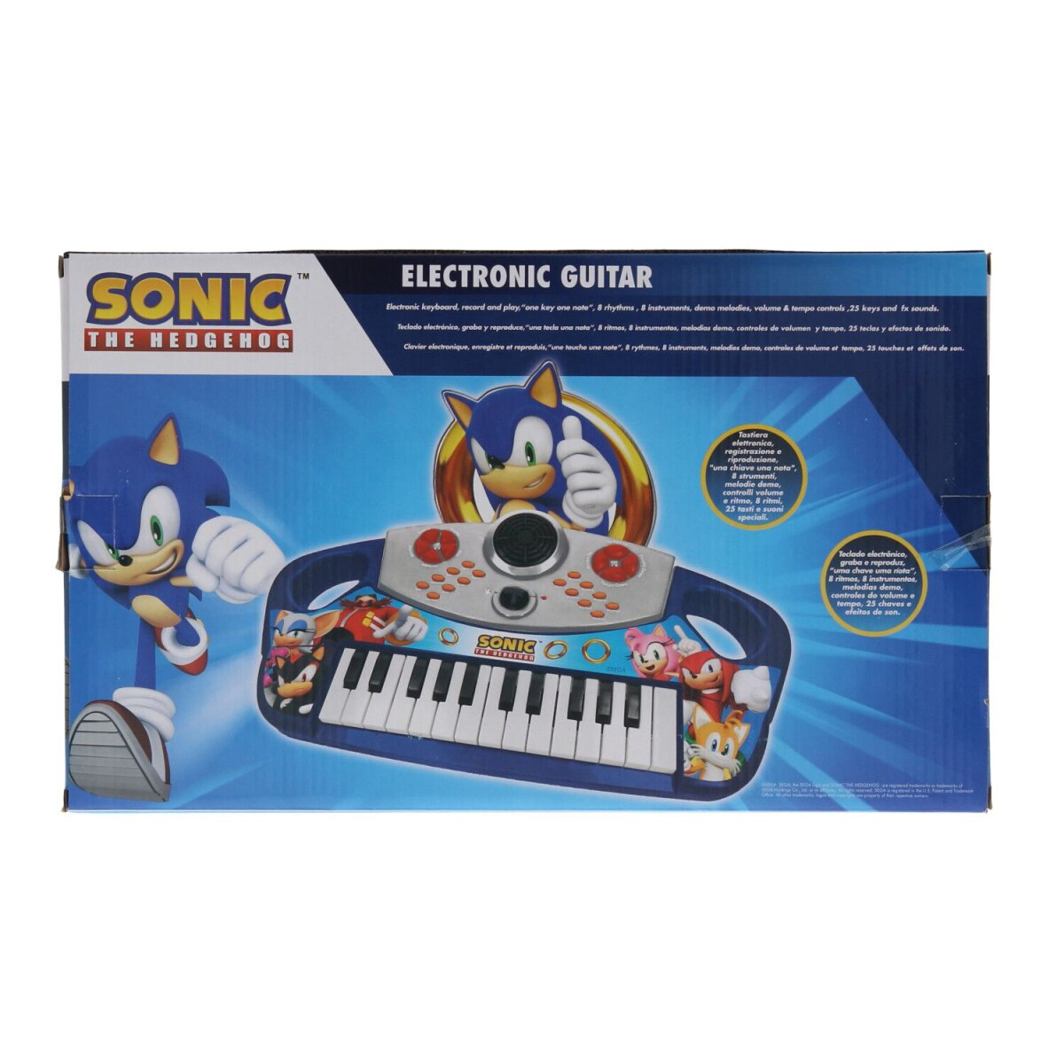 Sonic the Hedgehog elektronisches Gitarrenspielzeug mit Keyboard und Illustrationen.