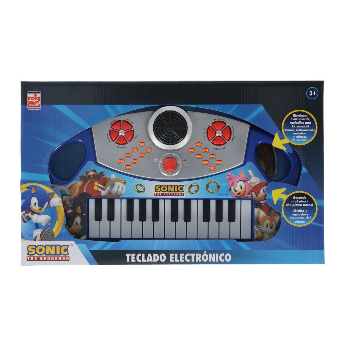 Eine Spielzeug-Tastatur mit Sonic the Hedgehog-Thema. Es hat blaue, weiße und orange Farben.