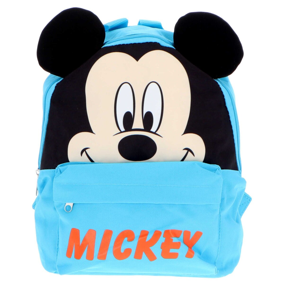 Ein blauer Mickey Mouse Rucksack mit dem Wort 'MICKEY' in Orange.