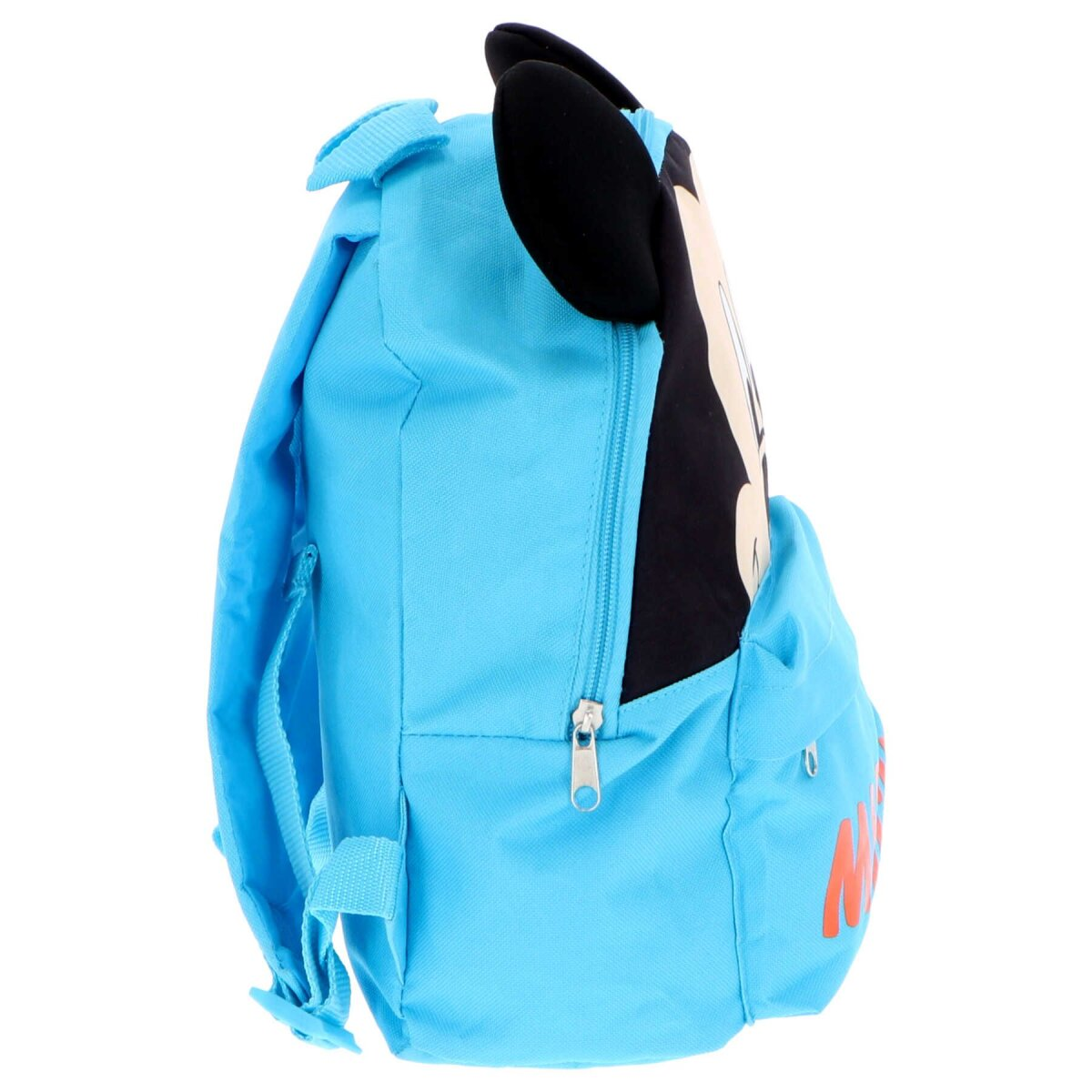 Ein blauer Mickey Mouse Rucksack mit roter Schrift.