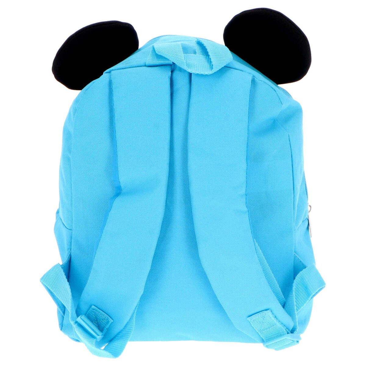Blauer Rucksack mit Mickey Mouse-Ohren oben. Der Rucksack hat blaue Träger.
