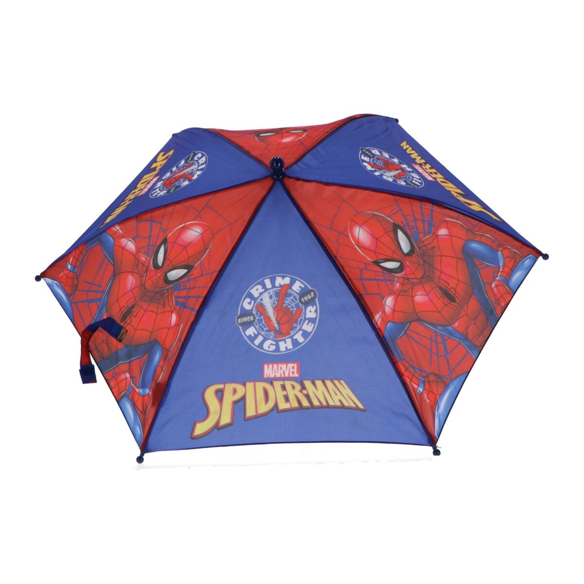 Spider-Man-Regenschirm, rot und blau, mit Spider-Man-Illustrationen und Logo.