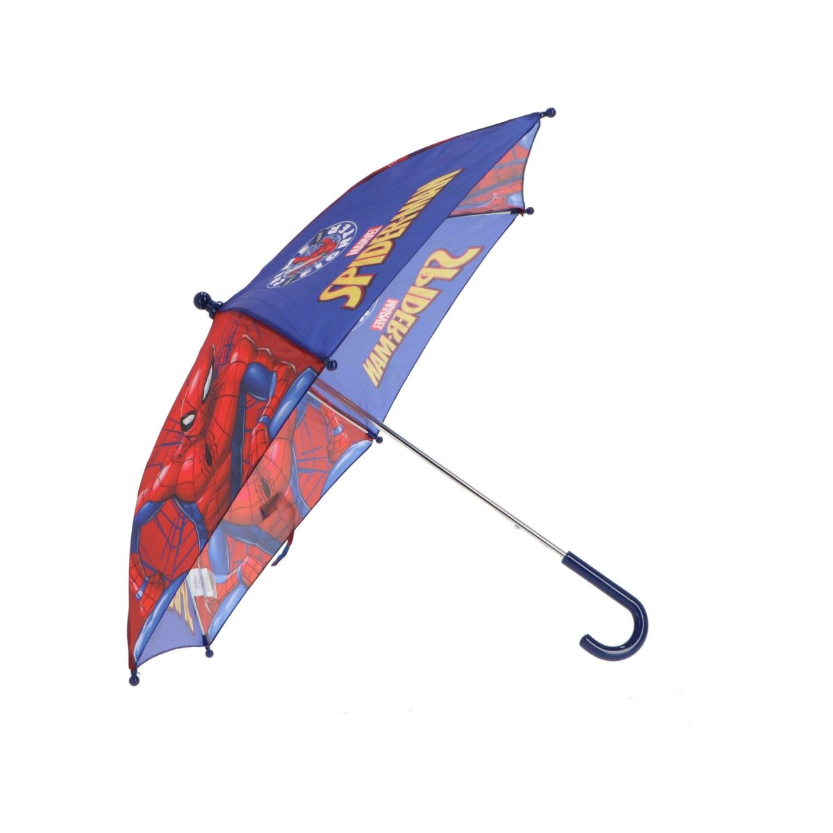Spiderman-Regenschirm, rot und blau, offen, mit Spiderman-Grafiken, auf weißem Hintergrund.