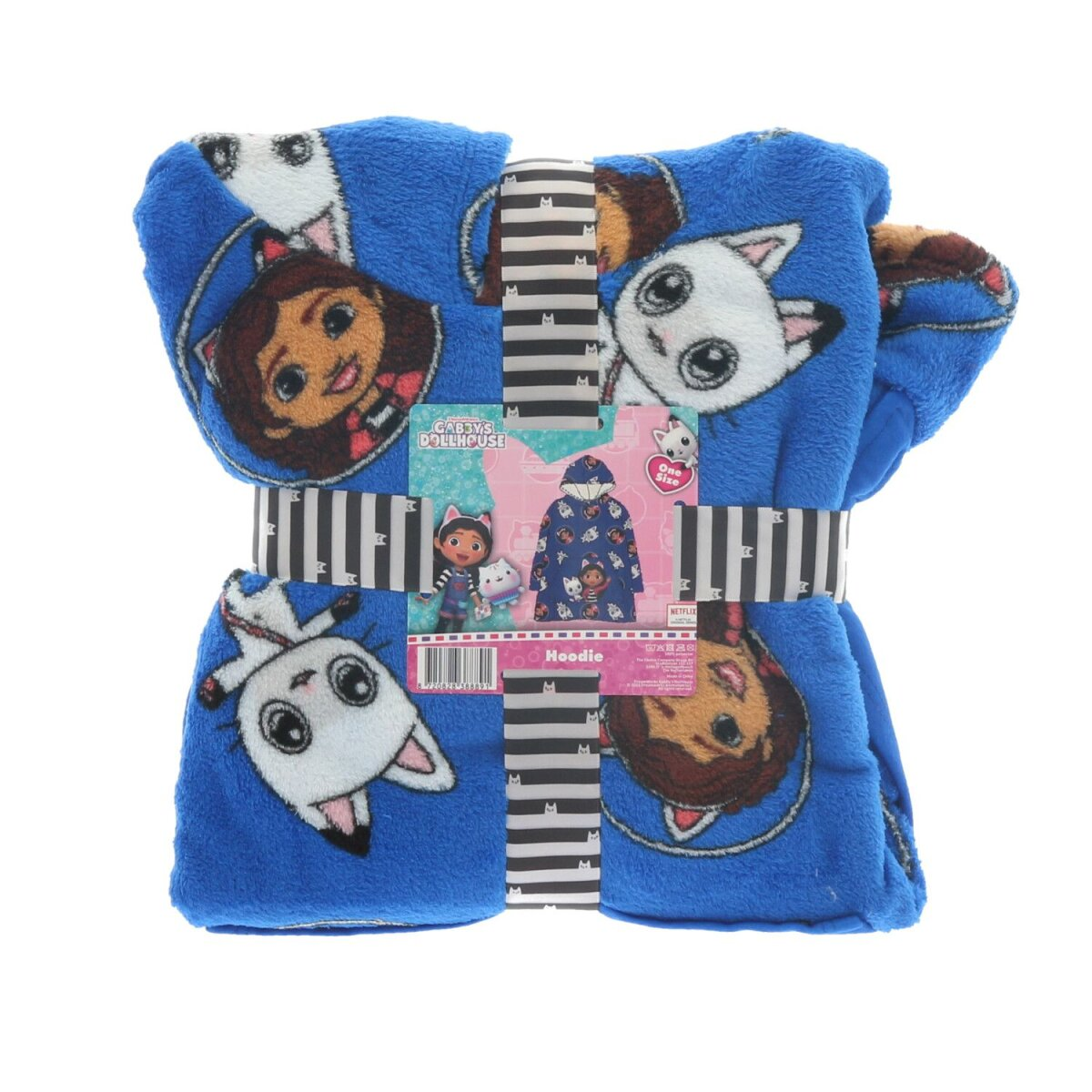 Blaue Gabby's Dollhouse Kapuzen-Decke mit Cartoon-Figuren, verpackt und gebunden.
