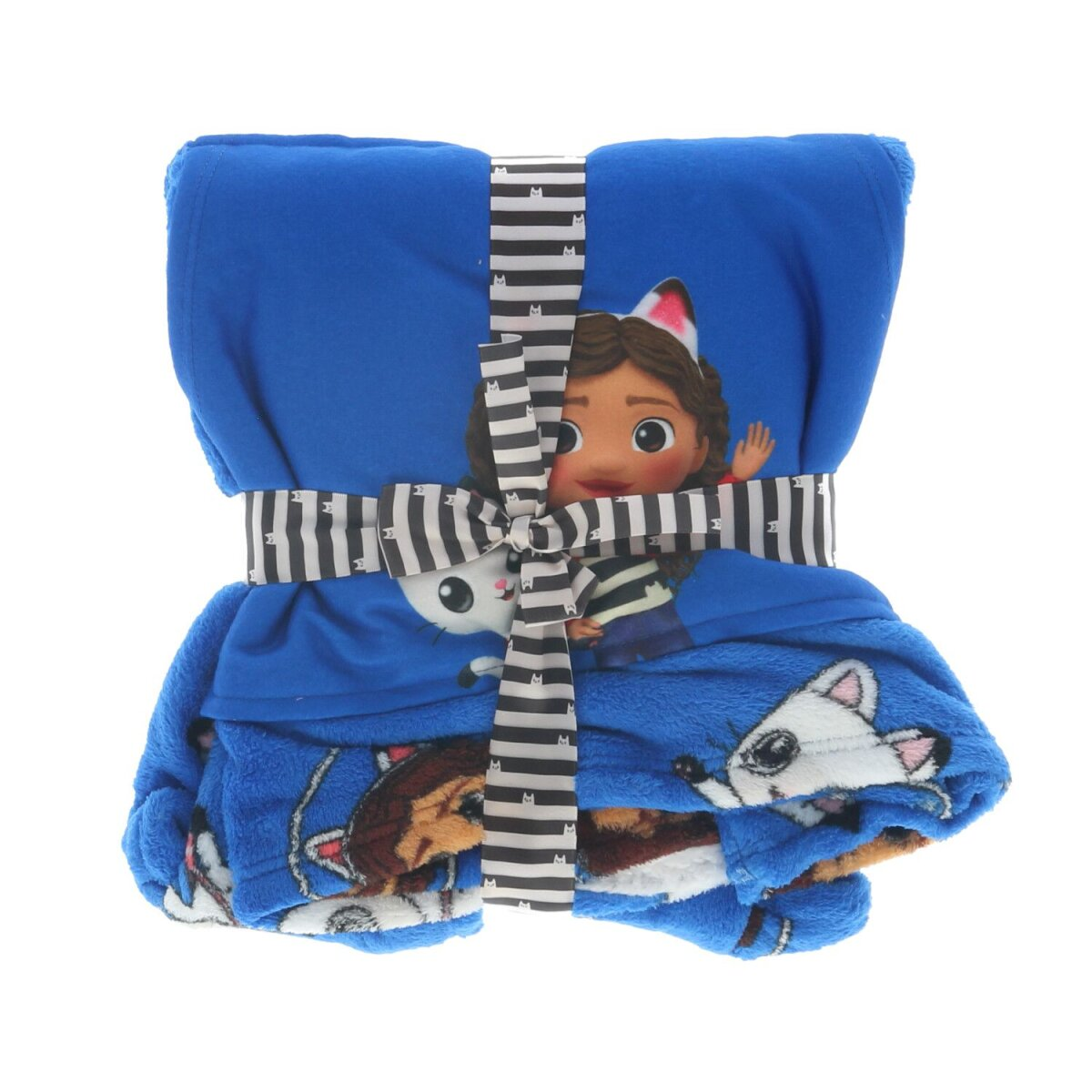 Blaues Decken-Set mit Charakterdruck und Schleife auf weißem Hintergrund.