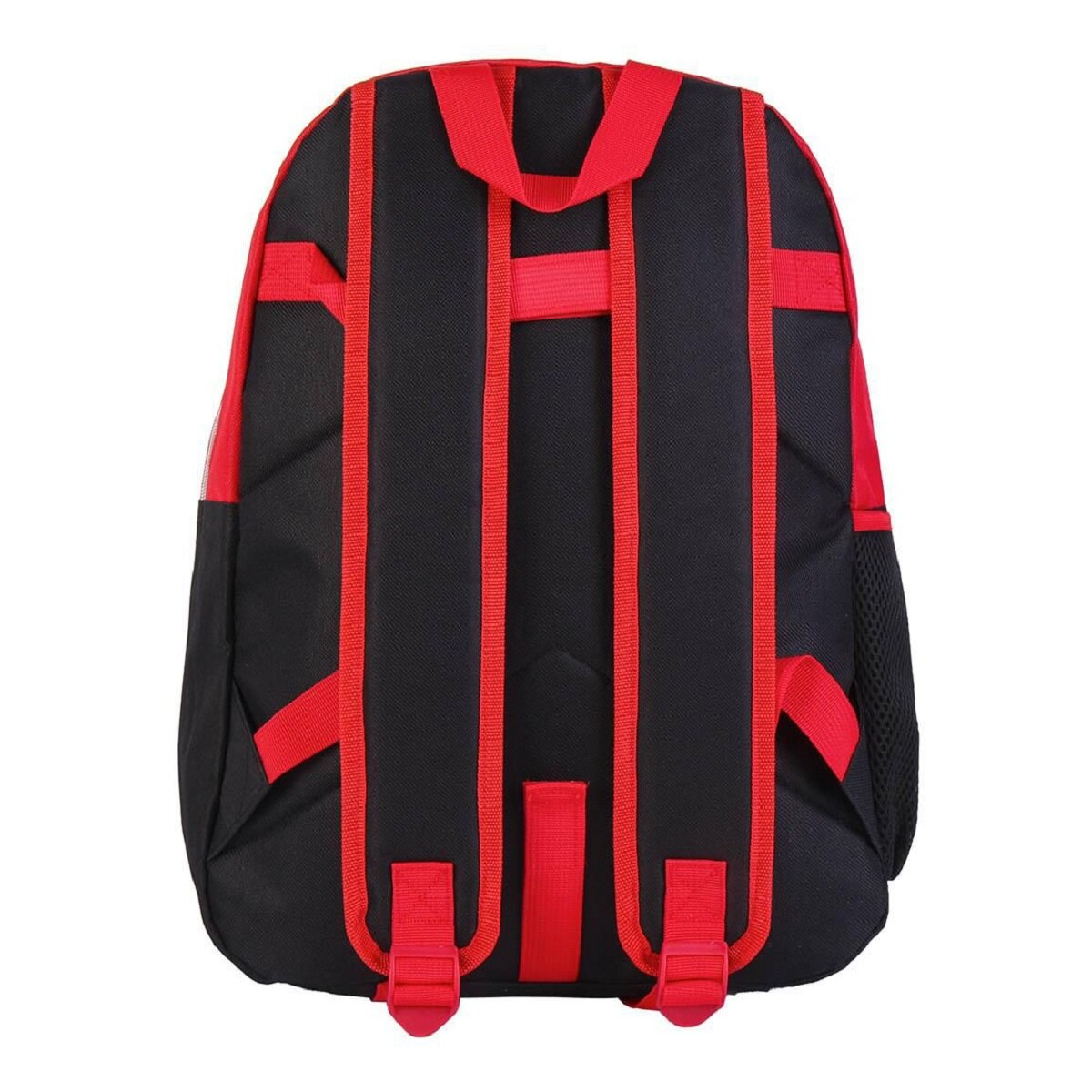 Schwarzer und roter Rucksack. Schwarzer Körper mit roten Trägern und Verzierungen. Schwarze Netztasche. Weißer Hintergrund.