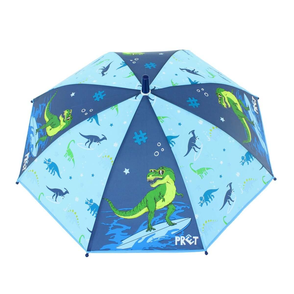 Blauer Regenschirm mit Dinosaurier-Grafiken. Ein surfender T-Rex.