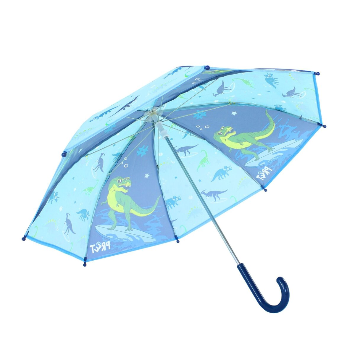 Blau-grüner Dinosaurier-Regenschirm, offen. Dinosaurier surfen und spielen auf blauem Hintergrund.