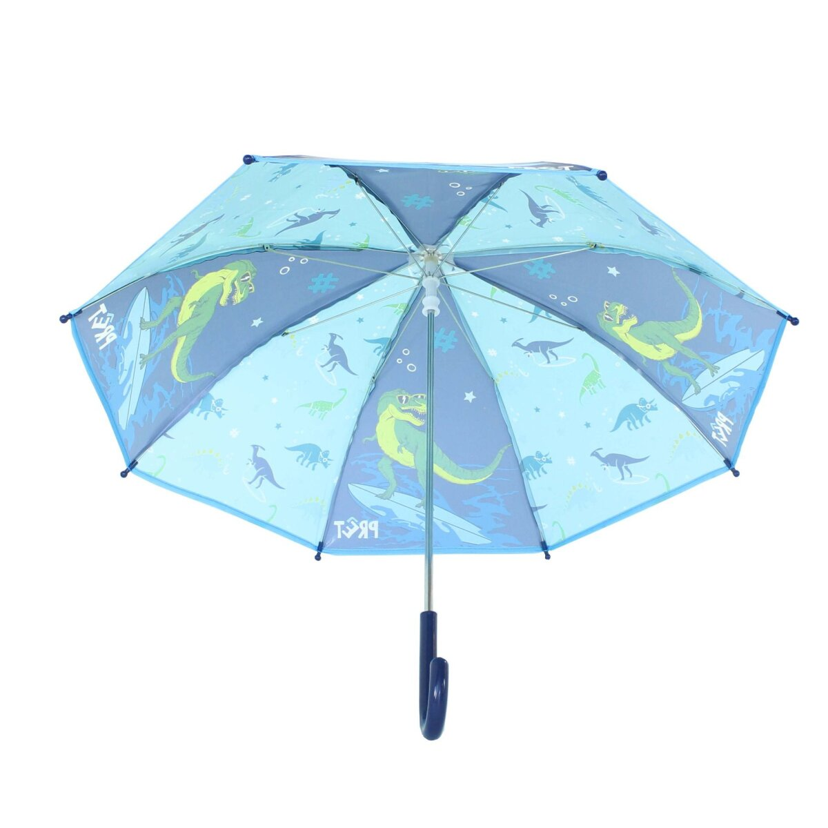 Blauer Regenschirm mit Dinosauriern und Sternen. Hellblaue und dunkelblaue Farben. Weißer Hintergrund.