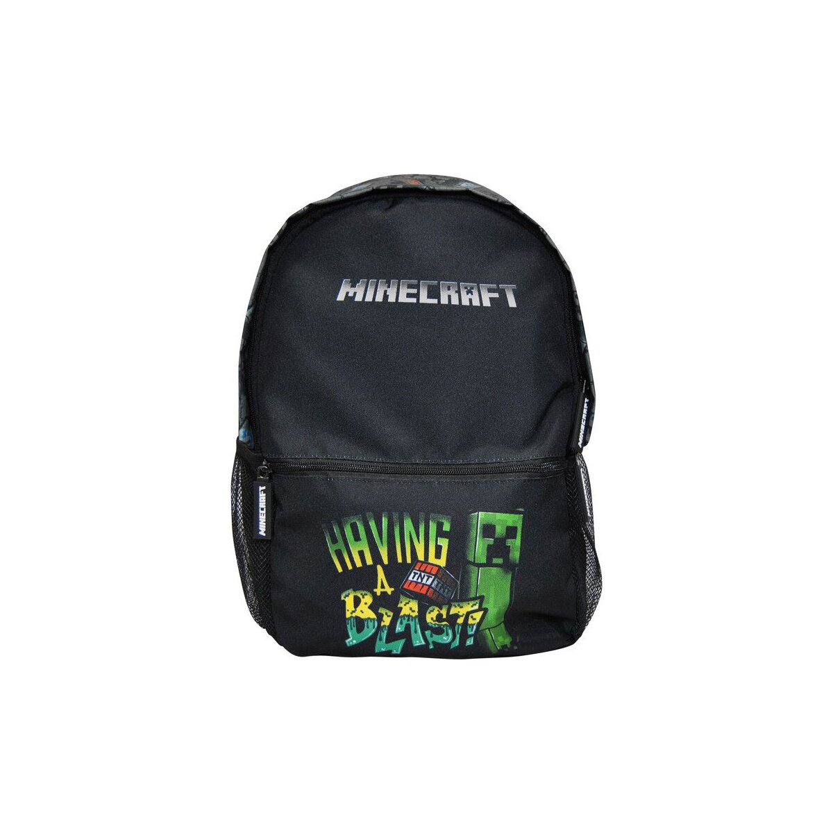 Schwarzer Rucksack mit Minecraft-Design. Text: Minecraft, Having a Blast und Minecraft-Charakter.
