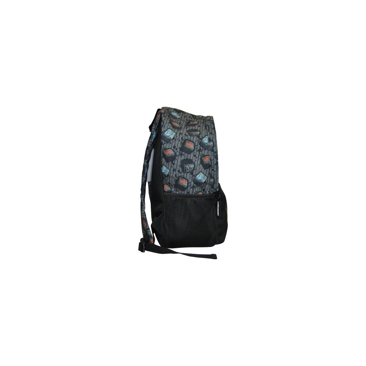 Rucksack mit verschiedenen Designs auf weißem Hintergrund. Er hat eine Netztasche und Seitengurte.