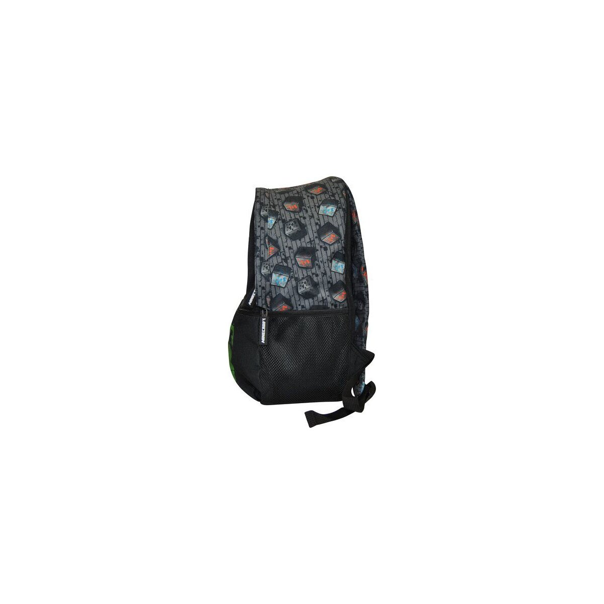 Rucksack mit Minecraft-Muster. Schwarze Netztasche und Träger. Weißer Hintergrund.