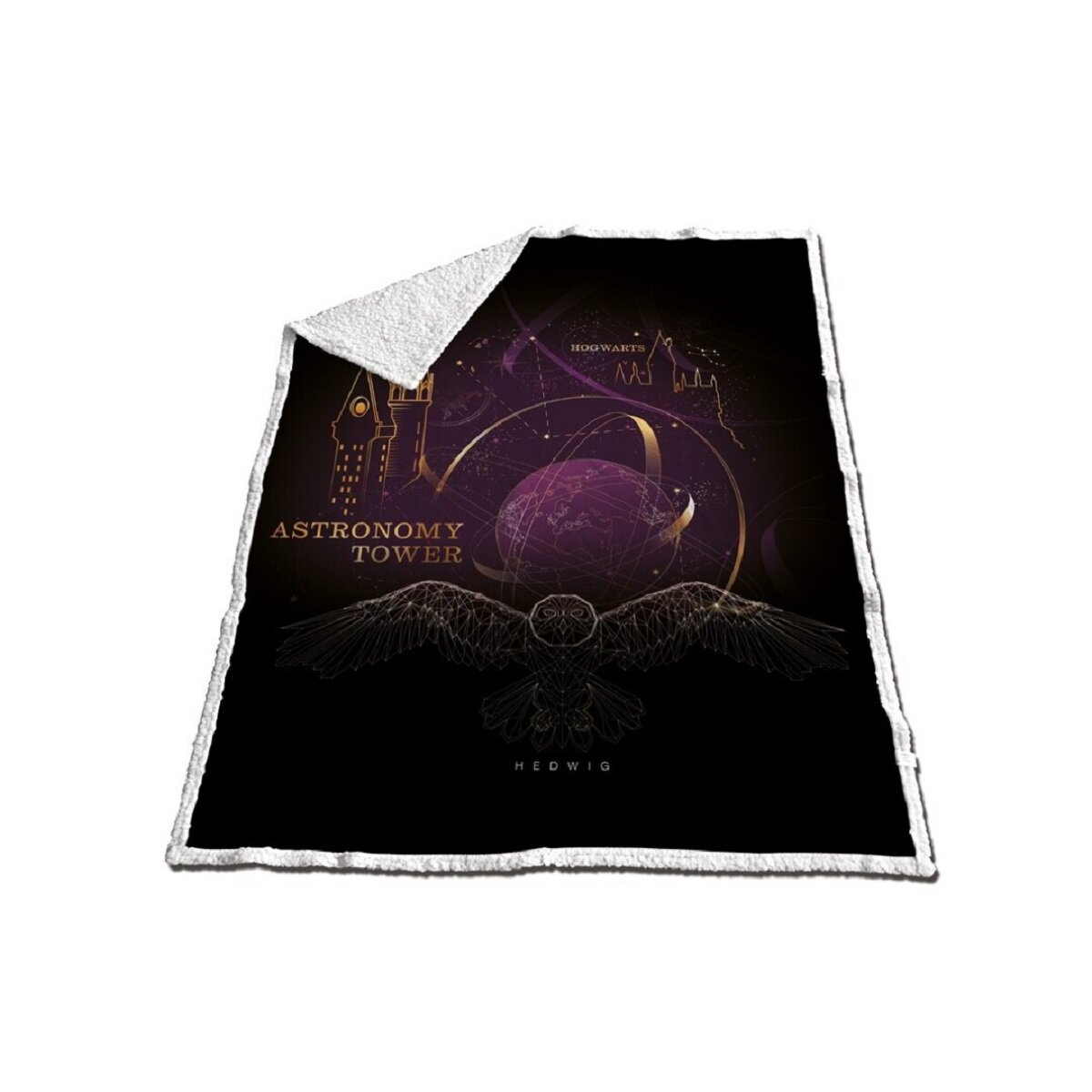 Schwarz-weiße Decke mit Harry-Potter-Motiv. Mit einer Eule, einem Astronomieturm und goldenen Akzenten.