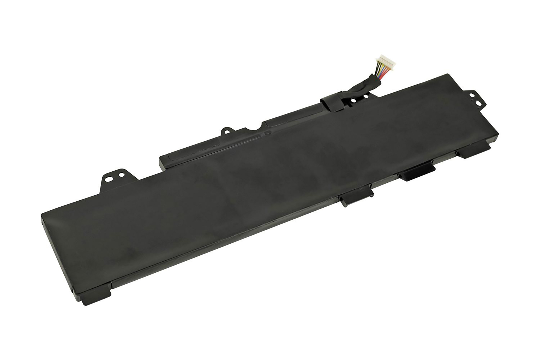 Schwarzer Laptop-Akku mit Stecker, isoliert auf weißem Hintergrund.