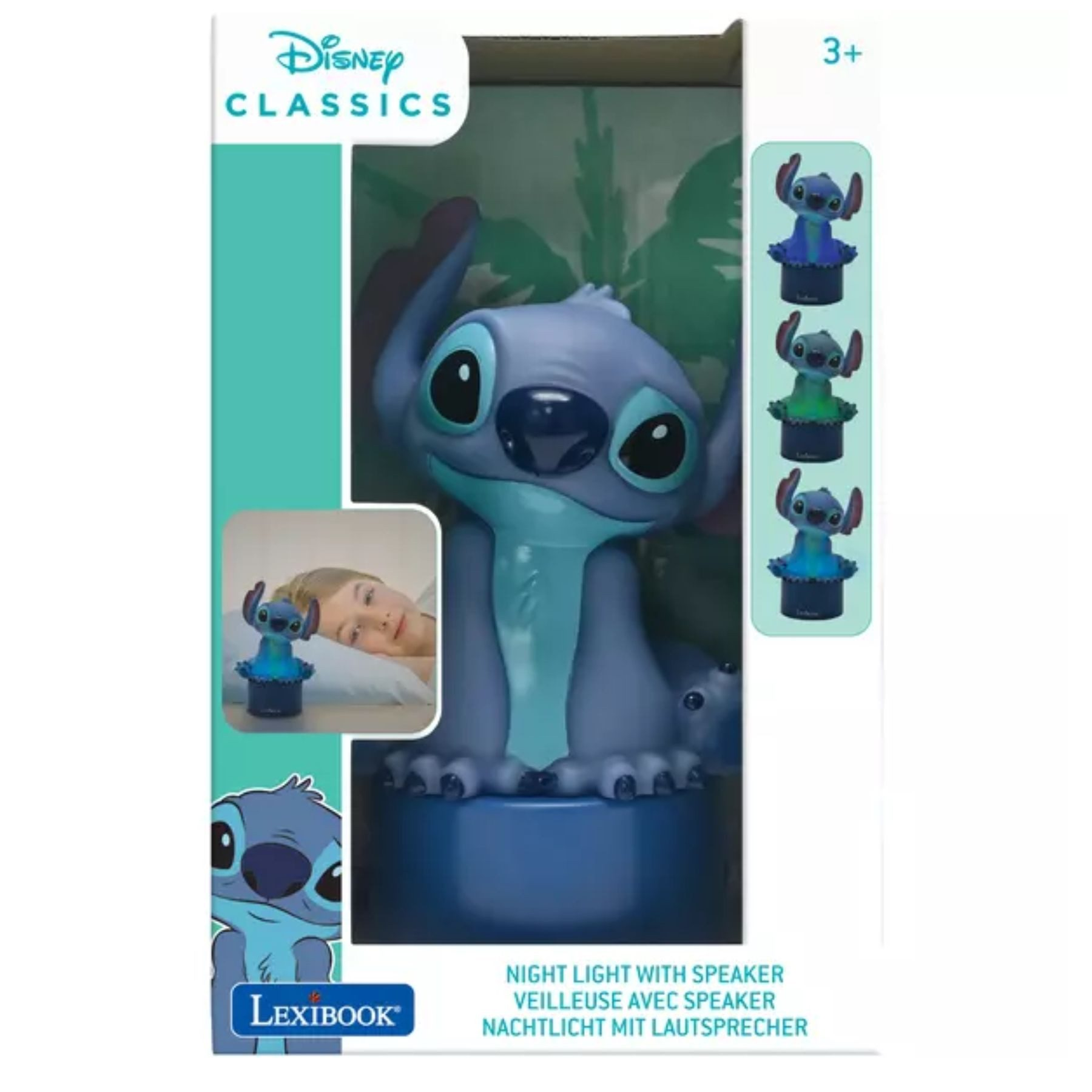 Luce notturna Disney Stitch con altoparlante, confezione mostra Stitch e bambino.