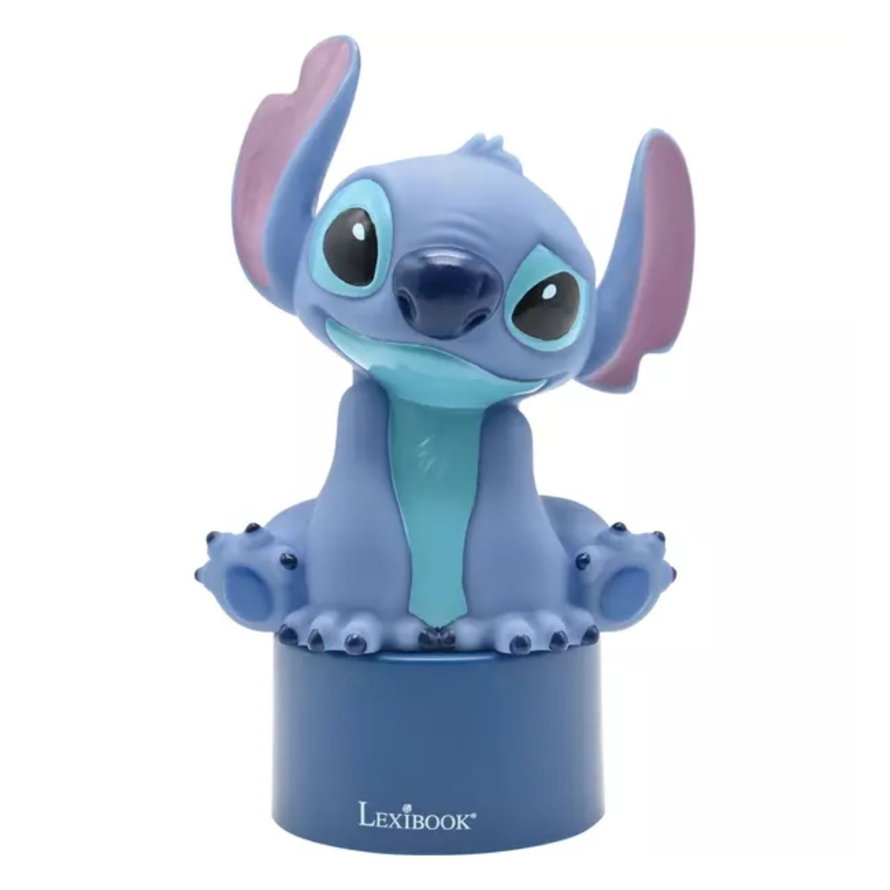 Una statuetta blu di Stitch. Stitch è seduto con le braccia sulle gambe, guardando avanti.