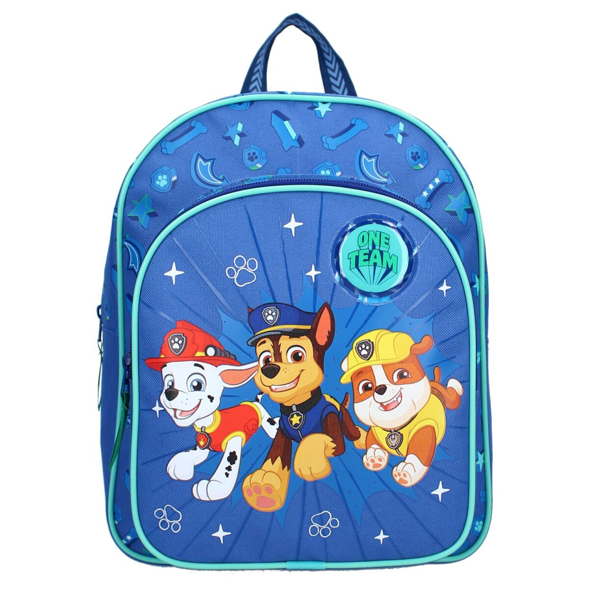 Ein blauer Rucksack mit Paw Patrol-Figuren. Es gibt drei Hunde: Chase, Marshall und Rubble.
