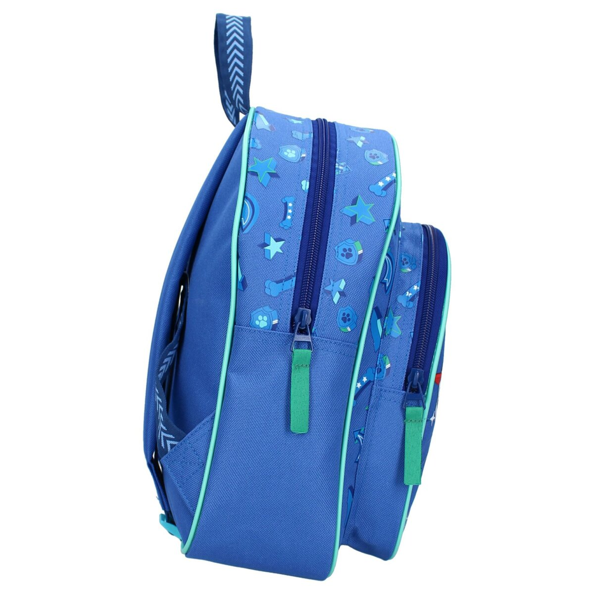 Blauer Rucksack mit mehreren Fächern und Reißverschlüssen. Grüne Akzente.