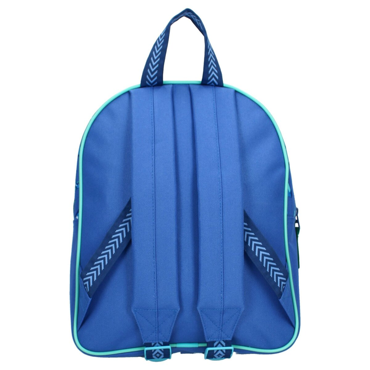 Blauer Rucksack mit türkisfarbenen Verzierungen und Trägern, auf weißem Hintergrund.