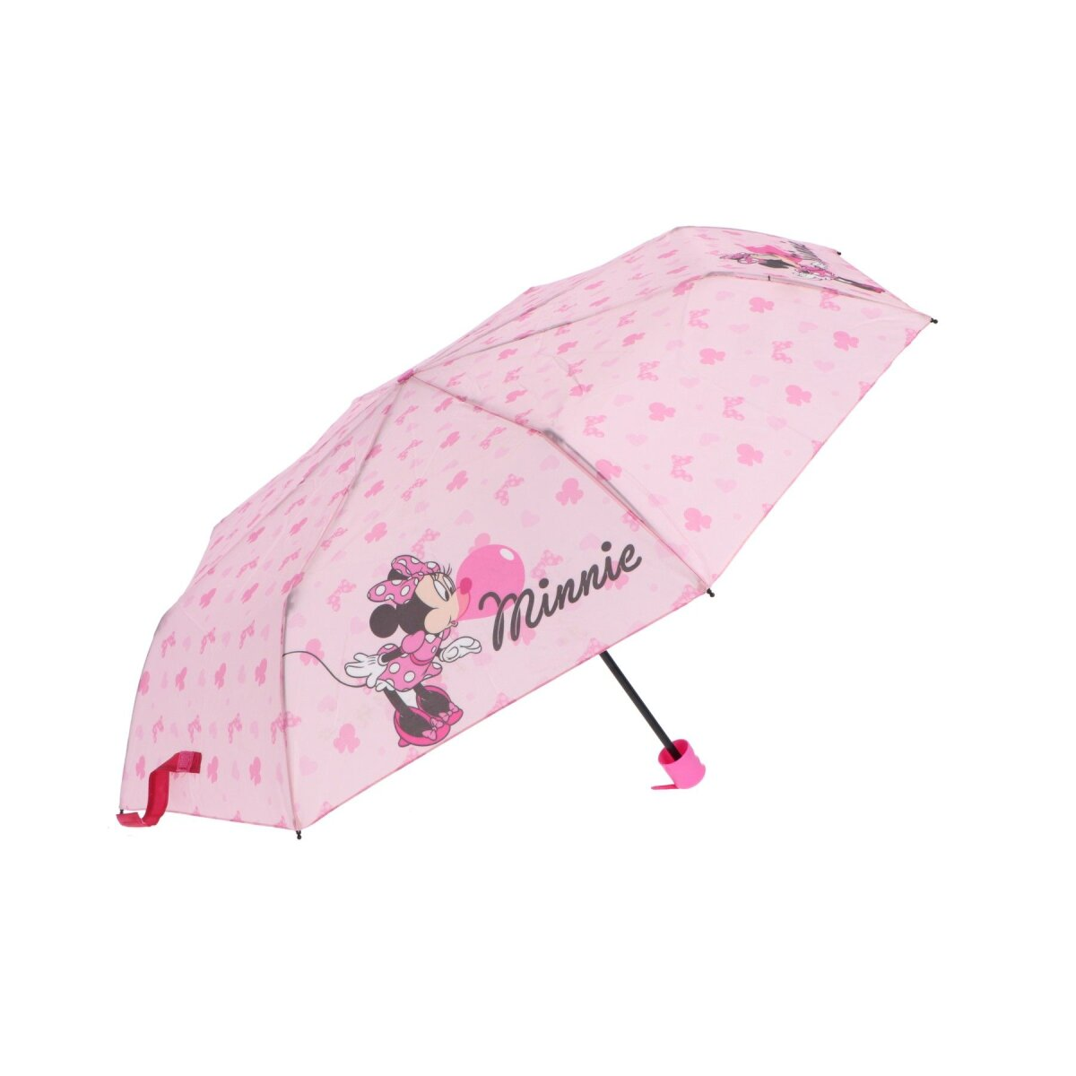 Offener, rosa Minnie-Mouse-Regenschirm mit Minnie-Bild und Namen, weißer Hintergrund.