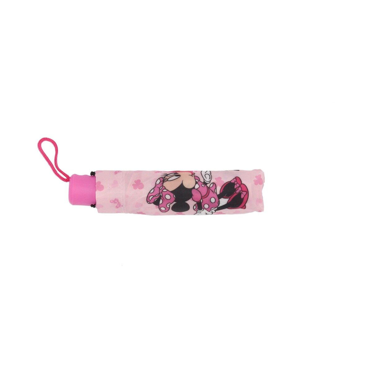 Geschlossener rosa Minnie-Maus-Regenschirm auf weißem Hintergrund.