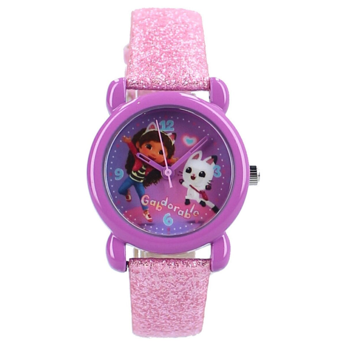 Lila Uhr mit Figuren auf dem Zifferblatt und rosa Glitzerarmband, weißer Hintergrund.