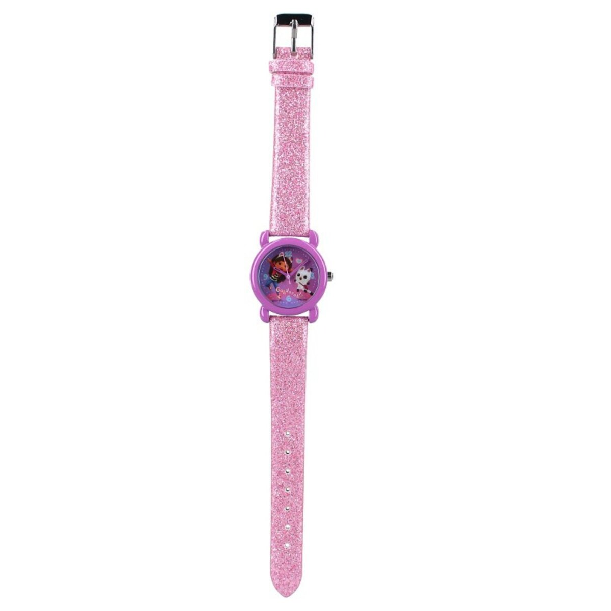 Rosa Glitzeruhr mit lila Zifferblatt. Sie zeigt Zeichentrickfiguren und ein rosa Armband.