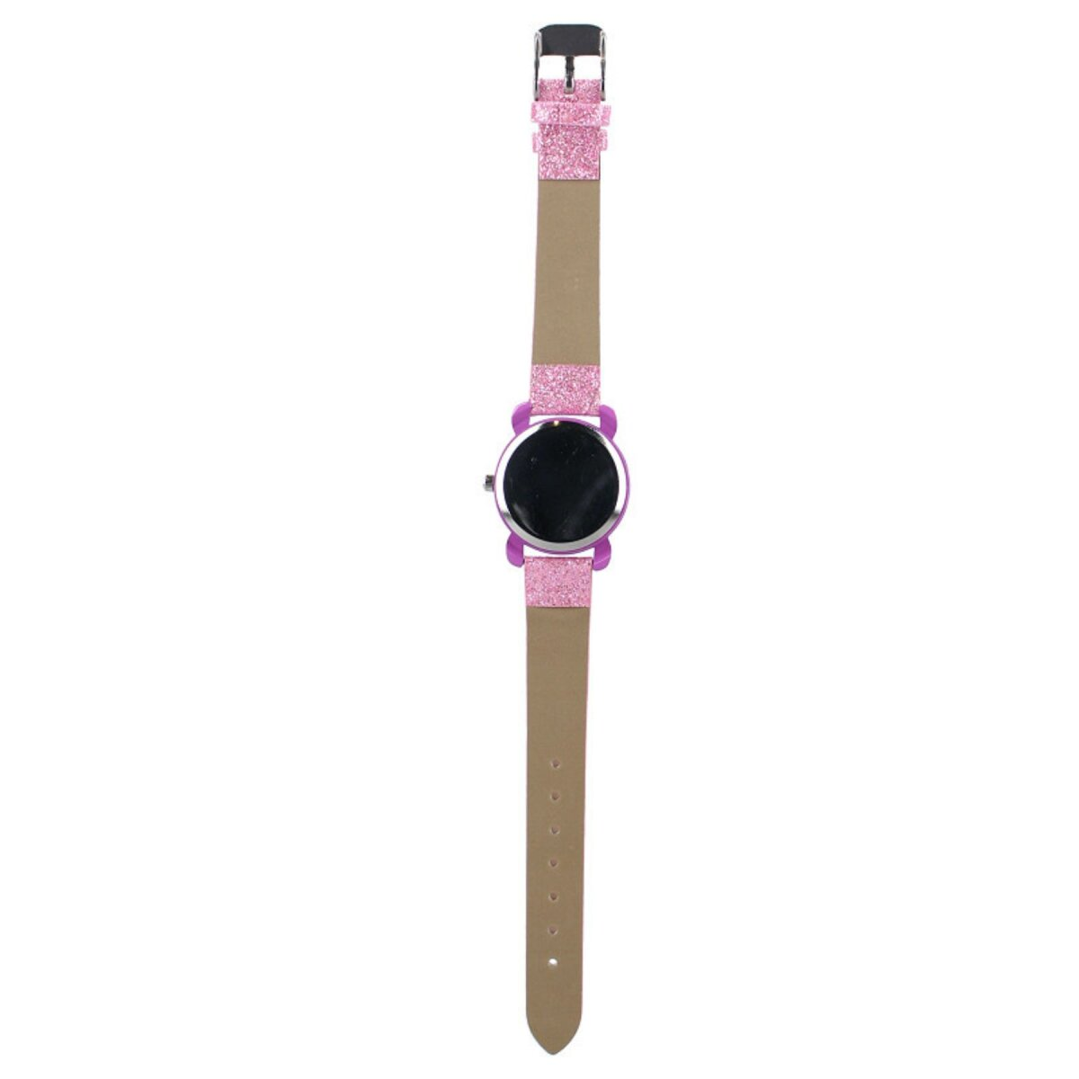 Rosafarbene Uhr mit schwarzem Zifferblatt und Glitzerarmband.