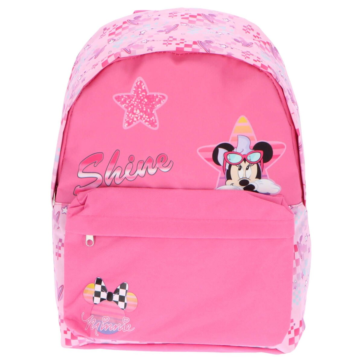 Rosa Minnie Mouse Rucksack mit Minnie, Sternen und Text 'Shine'. Hat eine Vordertasche.