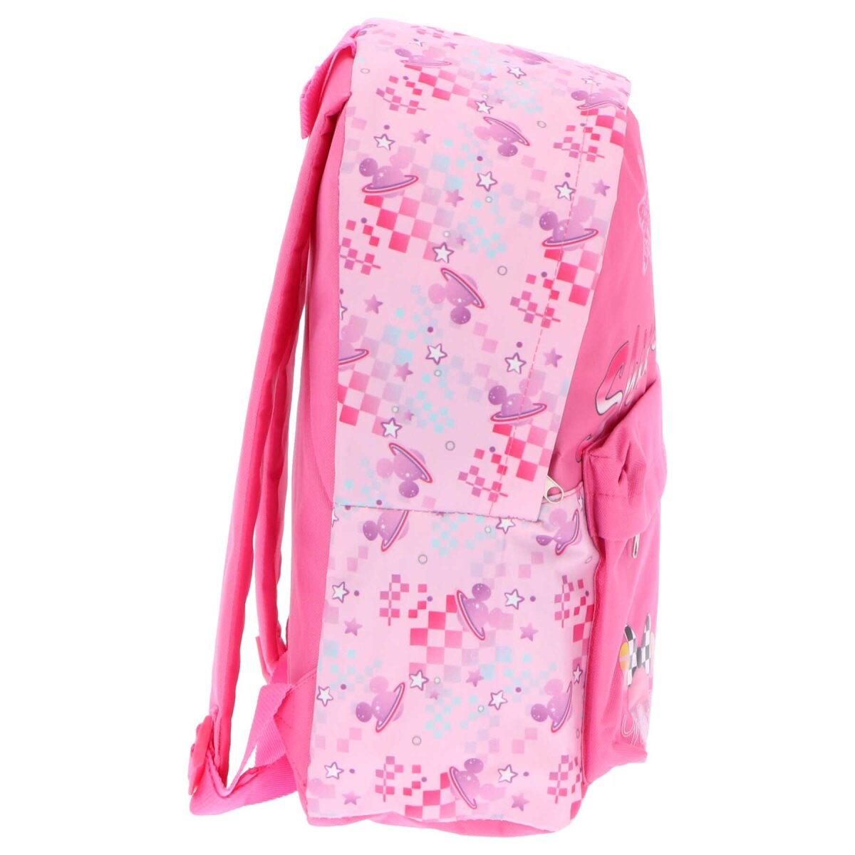 Pinker Rucksack mit einem Muster aus Sternen und UFOs.