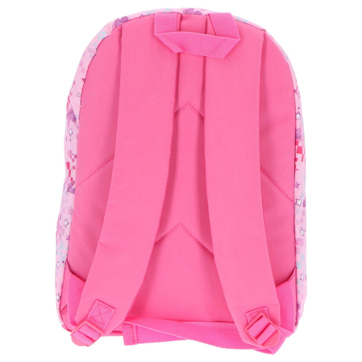 Rosa Rucksack mit rosa Rücken, Trägern und einem Cartoon-Muster.