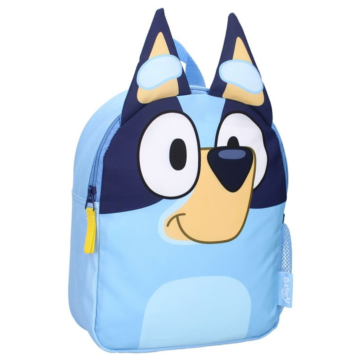 Bluey rugzak. Lichtblauw, met rits en gaasvak. Bluey's gezicht staat erop.