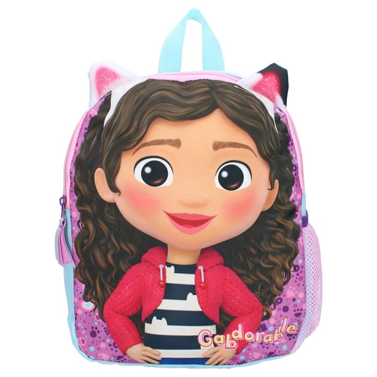 Rosa Gabby-Rucksack mit Mädchengesicht. Es hat Katzenohren.