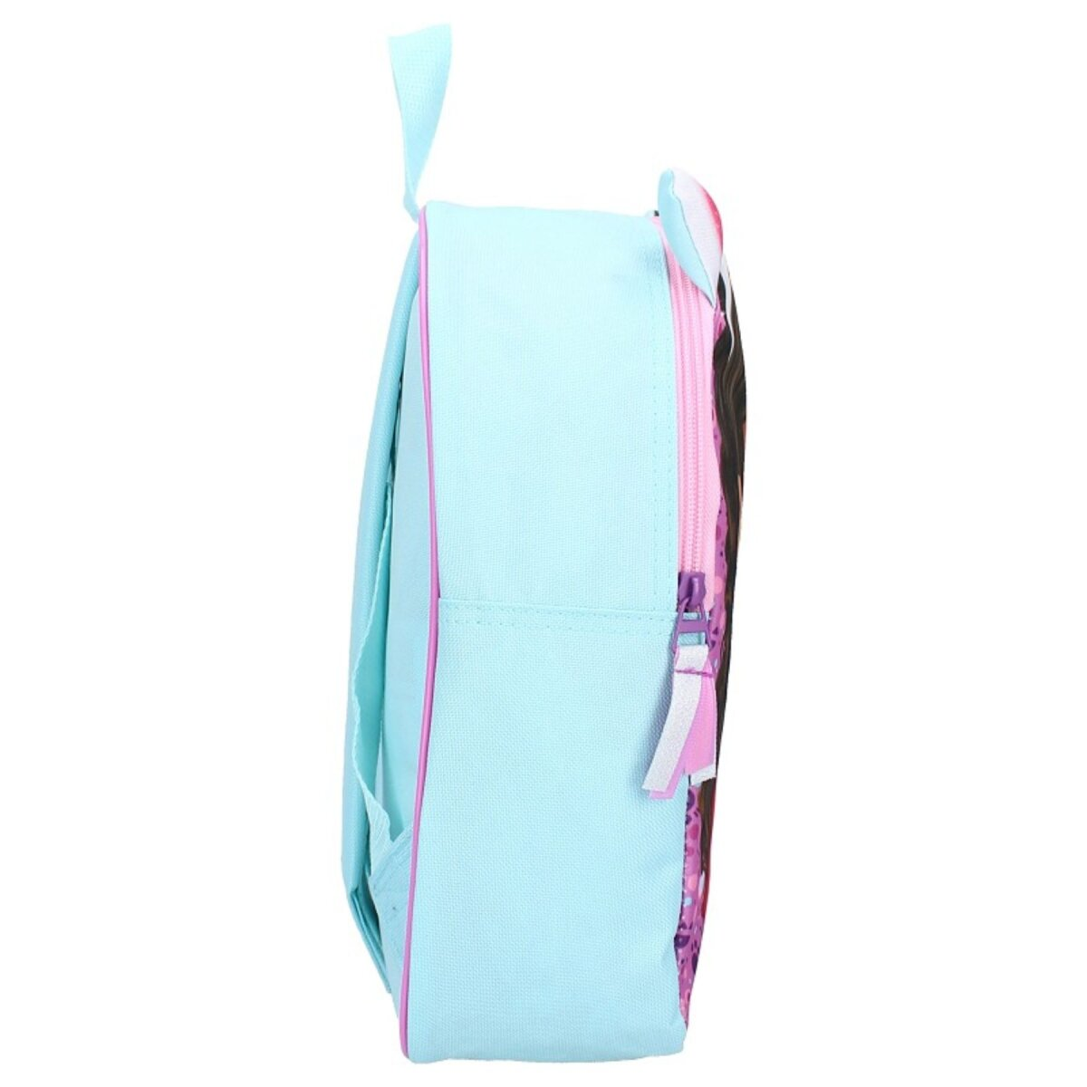 Seitenansicht eines hellblauen Rucksacks mit pinkfarbenem Reißverschluss und einem Cartoon-Charakter-Aufdruck.