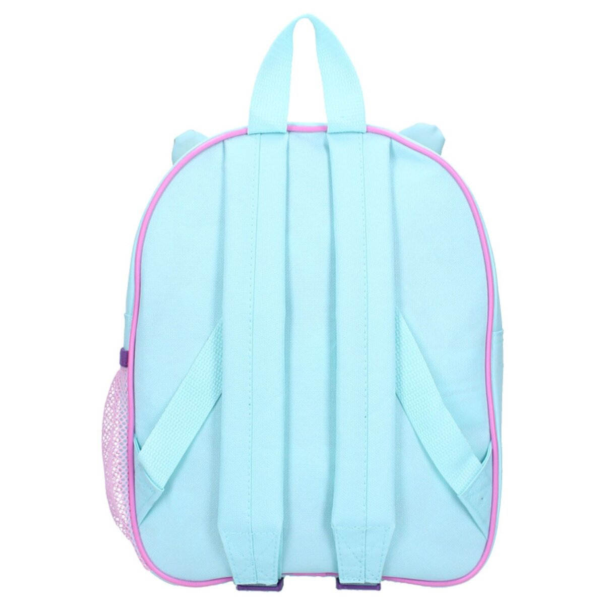 Ein hellblauer Rucksack mit rosa Besatz. Der Rucksack hat zwei Träger und eine kleine Tasche.
