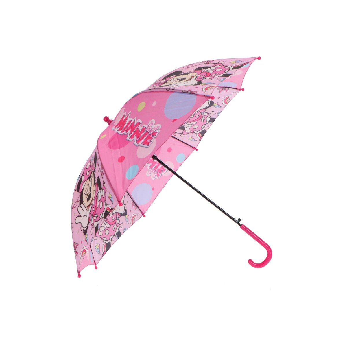 Rosa Minnie Mouse-Regenschirm. Minnie Mouse ist auf dem Schirm abgebildet. Er hat einen gebogenen Griff.