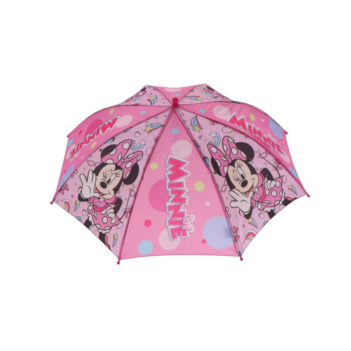 Rosa Minnie Maus Regenschirm mit Minnie-Grafiken.