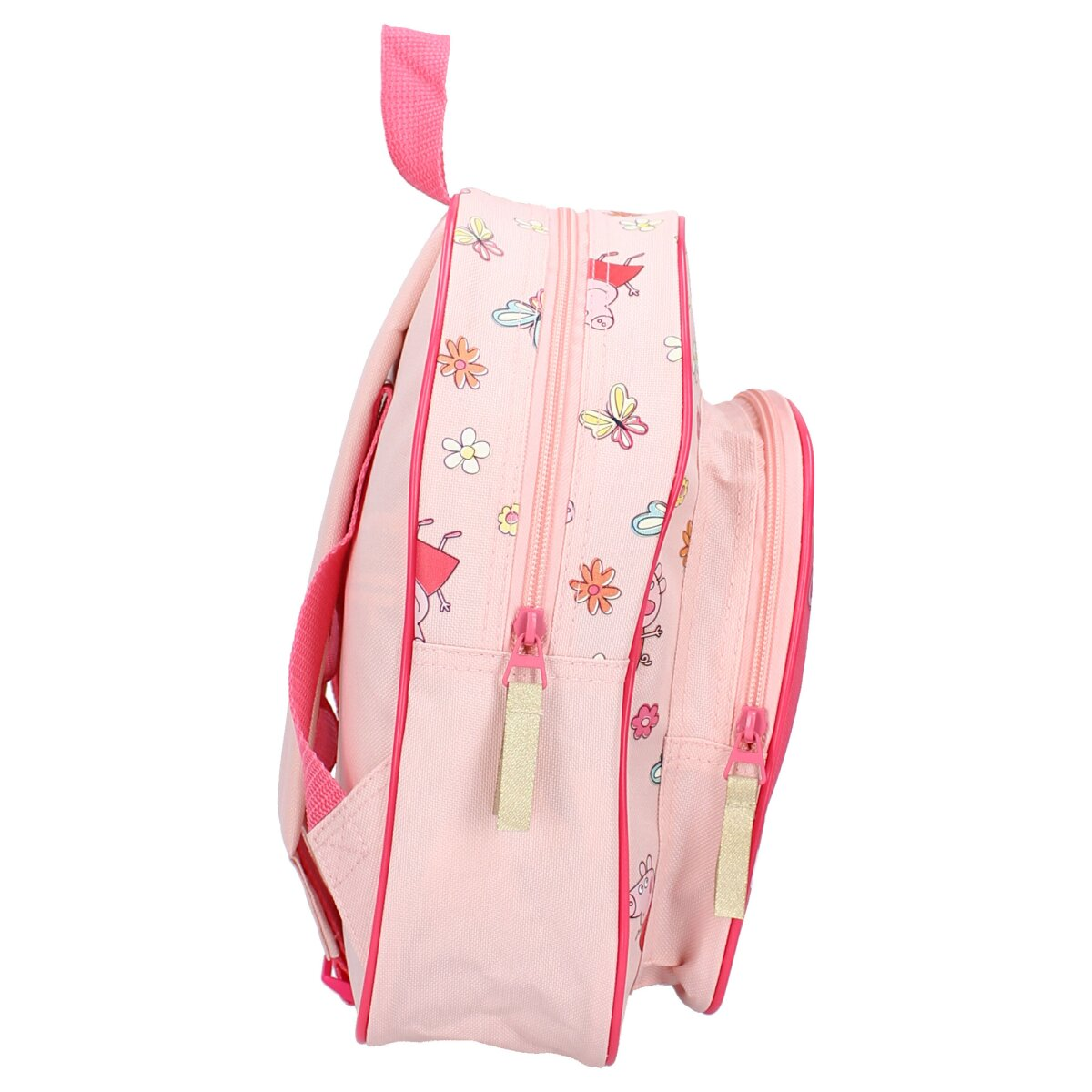 Ein rosa Peppa Wutz Rucksack mit rosa Trägern, Blumen und Schmetterlingen.