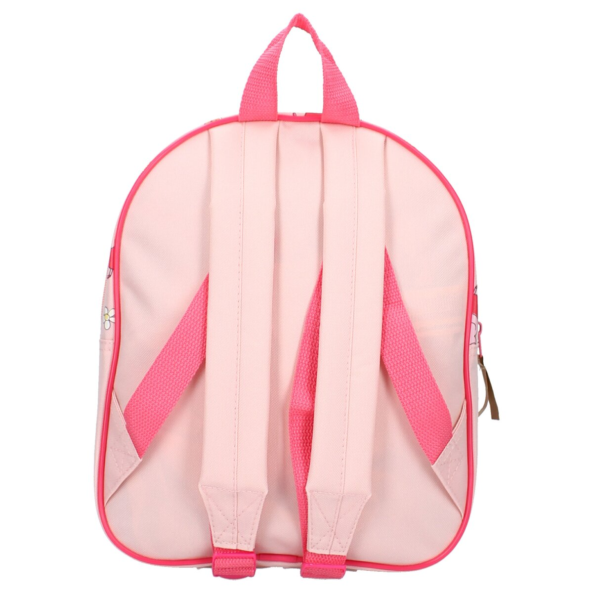 Rosa Rucksack mit rosa Trägern und Blumendesign. Die Reißverschlüsse sind braun.