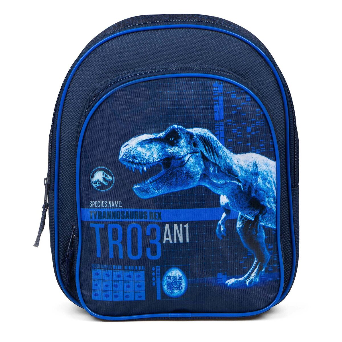 Blauer Rucksack mit einem T-Rex-Dinosaurier-Bild. Enthält Text: Tyrannosaurus Rex. Er hat Reißverschlüsse und Logos.