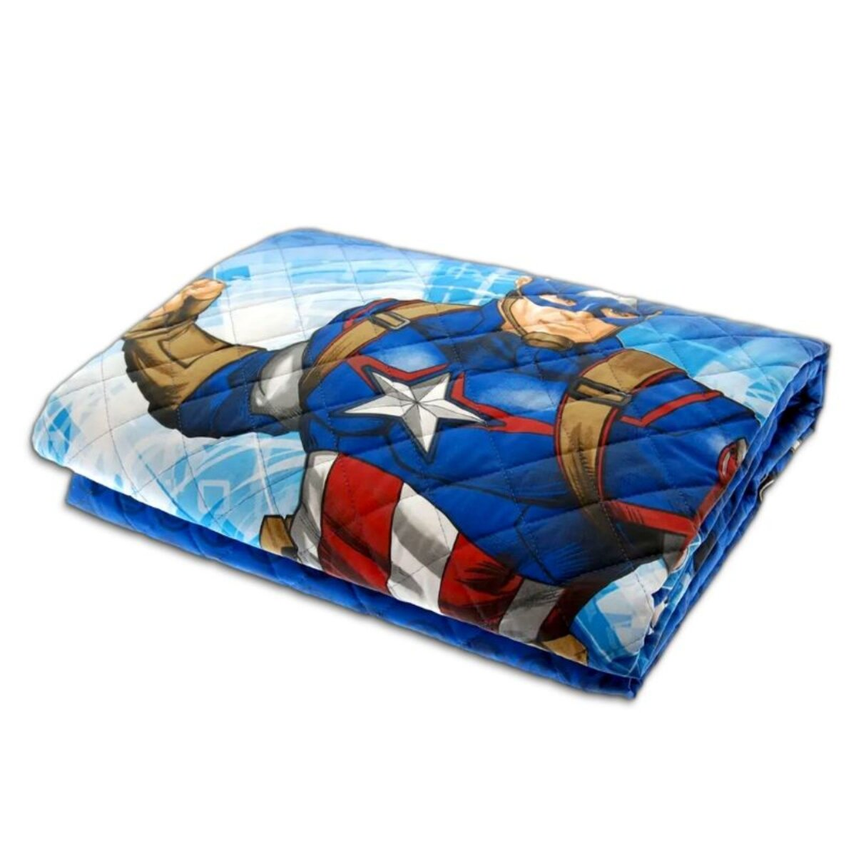 Eine gefaltete Decke mit einem Captain America-Design. Die Decke hat einen blauen Hintergrund und ein gestepptes Muster.