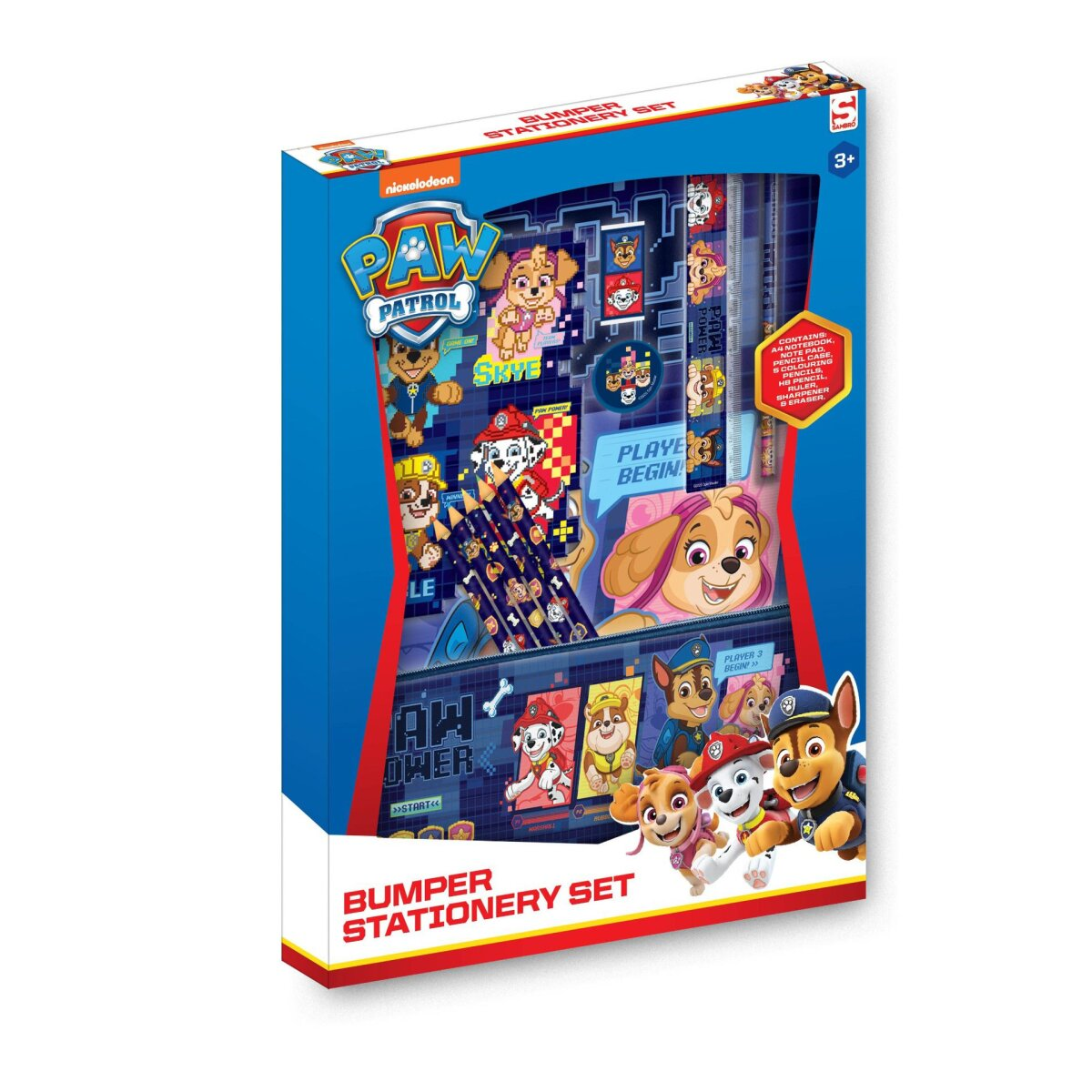 Ein verpacktes Paw Patrol Schreibwaren-Set. Die Box zeigt Paw Patrol-Charaktere und Schulmaterialien.