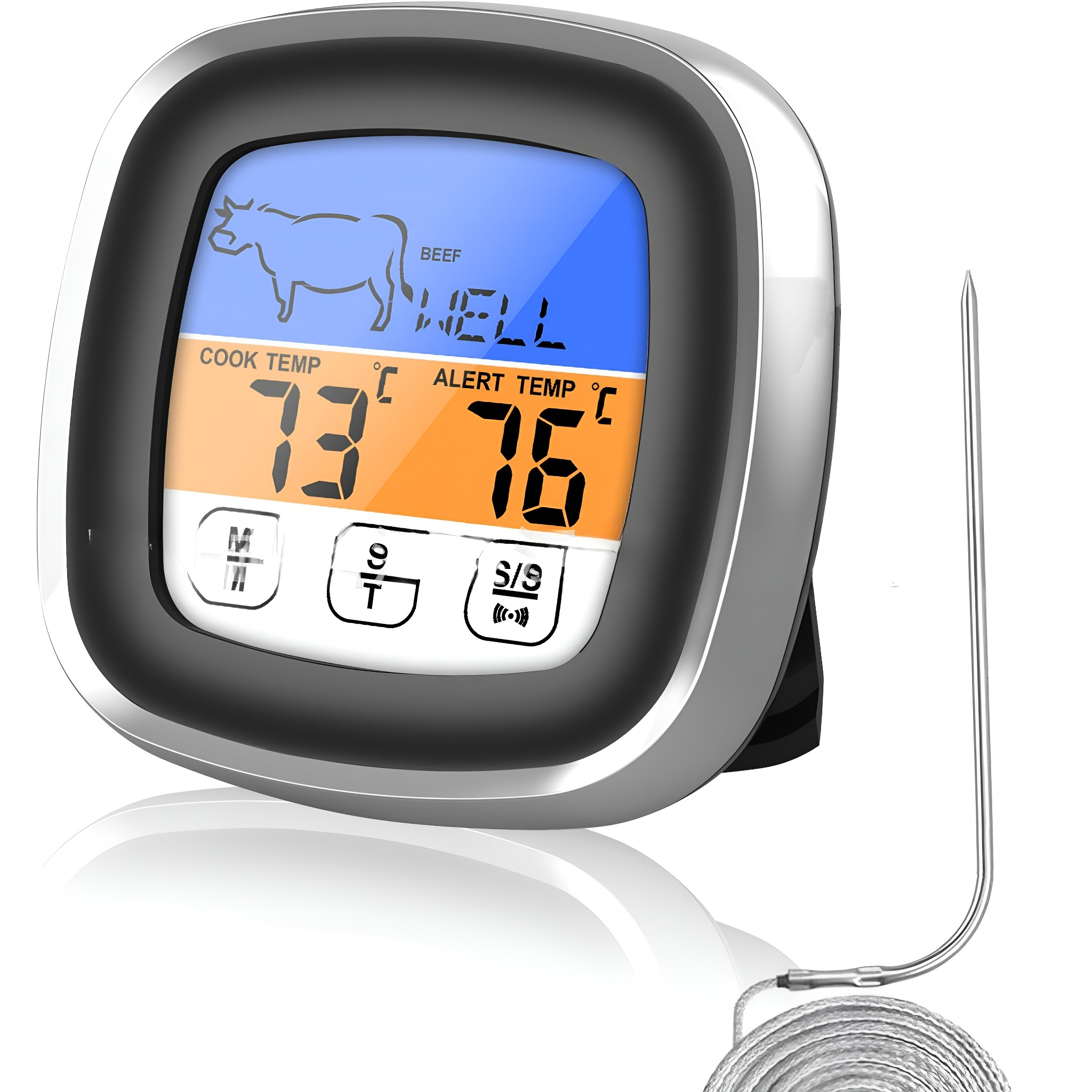 Ein digitales Lebensmittelthermometer. Zeigt Temperatur auf dem Bildschirm an. Hat eine Sonde.