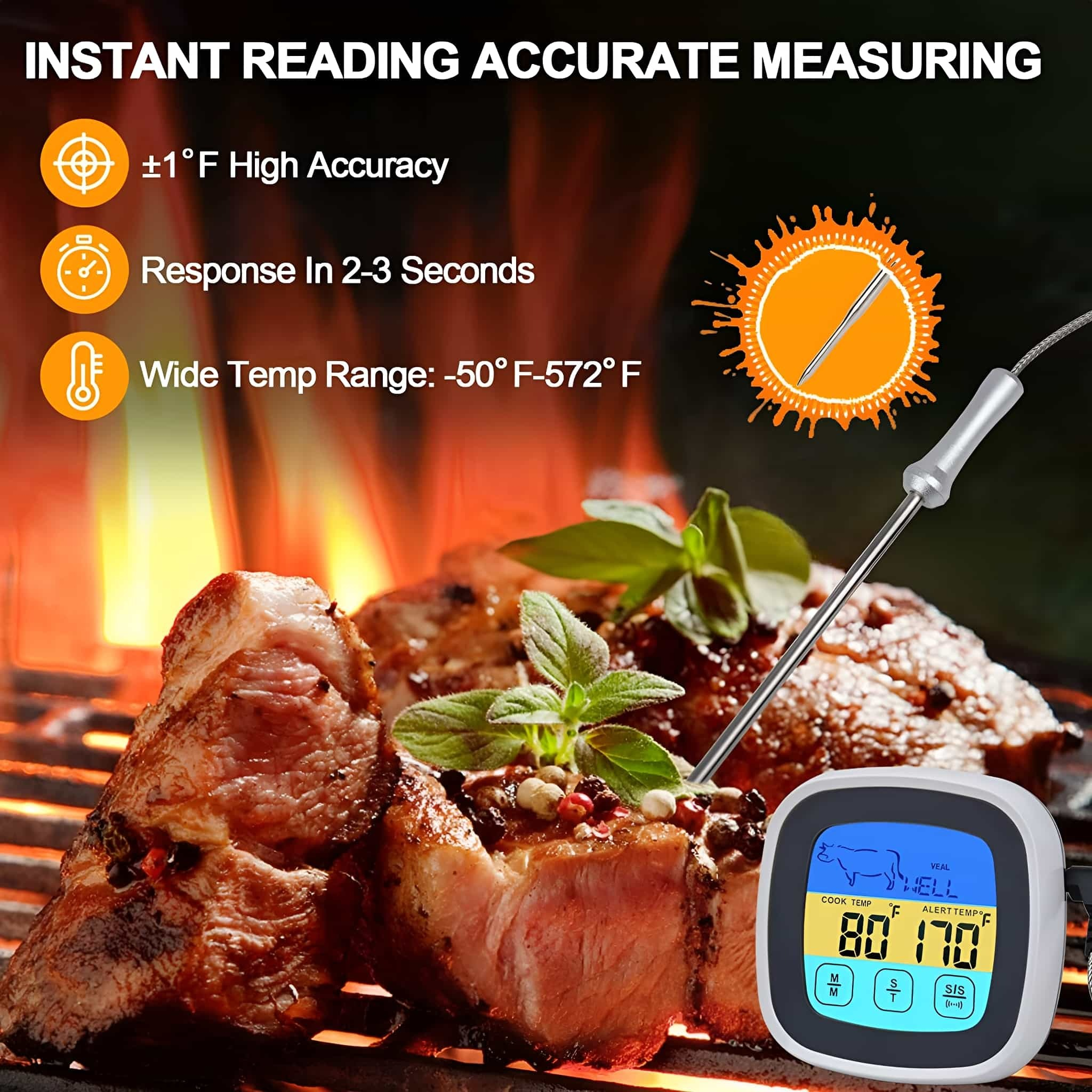 Fleisch auf einem Grill mit Thermometer. Zeigt Temperatur. Text weist auf hohe Genauigkeit hin.