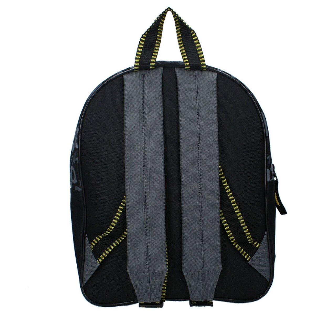 Schwarzer Rucksack mit grauen Trägern und gelben Akzenten. Weißer Hintergrund.