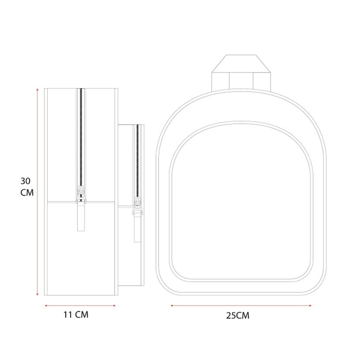 Umriss eines Rucksacks und einer Flasche. Zeigt Abmessungen: 30 cm Höhe, 25 cm Breite, 11 cm Tiefe.
