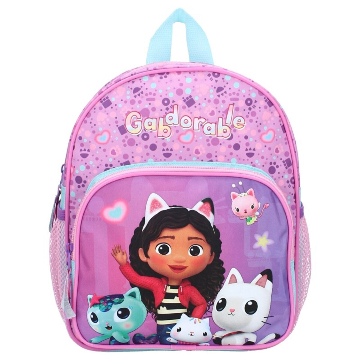 Pinker Gabby's Dollhouse Rucksack. Mit Gabby und Katzenfiguren. Weißer Hintergrund.